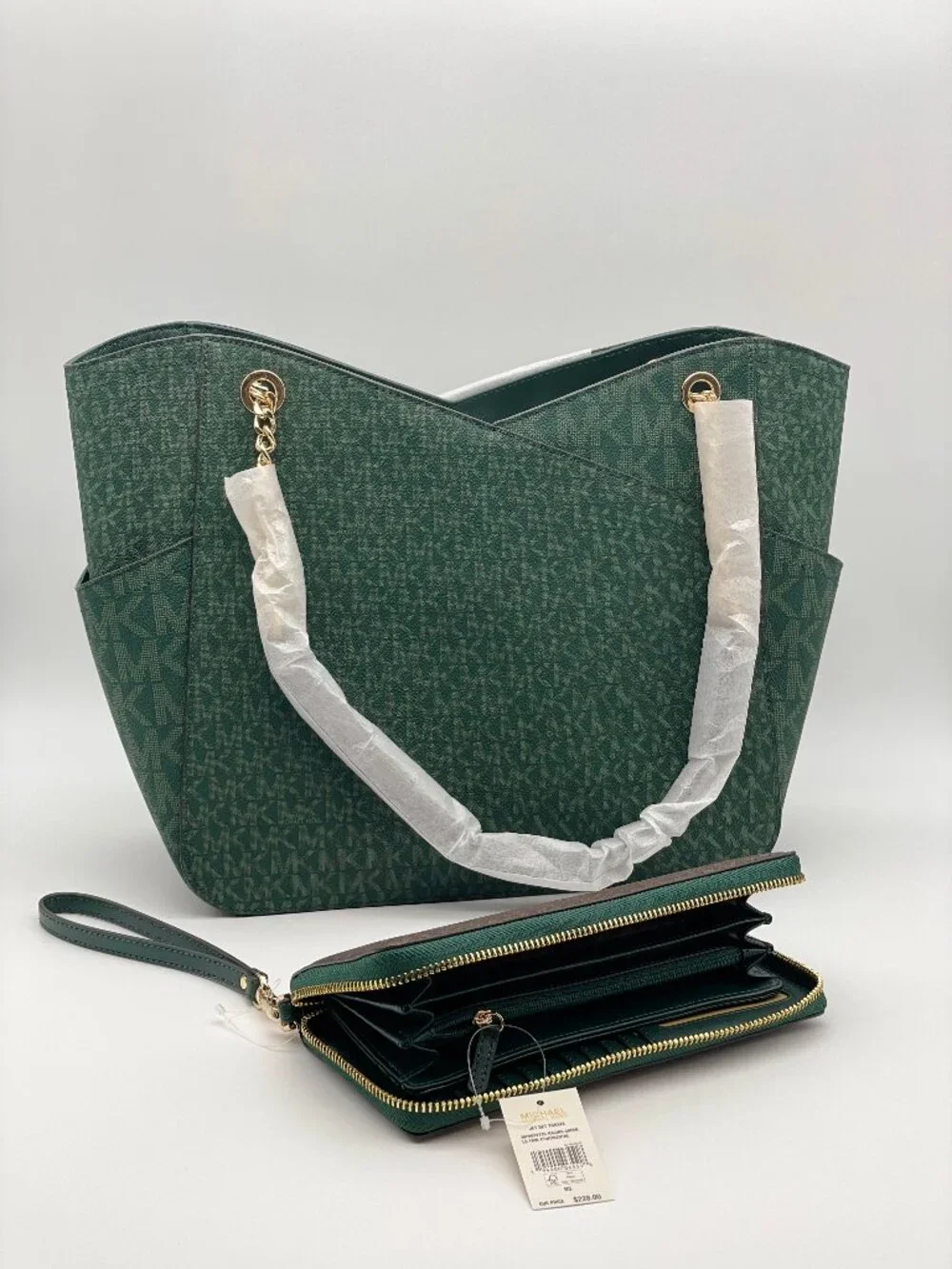 Michael Kors Jet Set Large Signature Logo Bag w/ Racing Green Continental Wallet